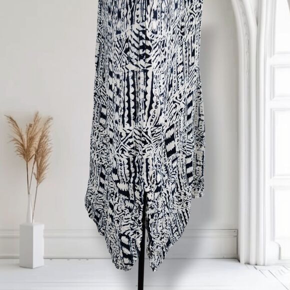Tienda Ho Oversized Silk Midi Lagenlook Dress Navy Tribal Graphic Print Tunic - Picture 6 of 16